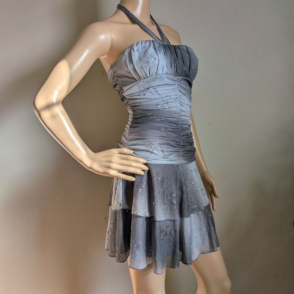 Vintage Y2K Taboo Gray Mini Dress Glitter Ombre Halter Fairycore Layered Size M